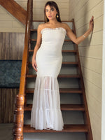 Pearl White Shoulder Strap Maxi Dress | Ruffle Trim Mermaid Party Gown