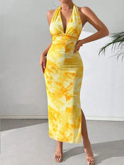 Sunlit Tropical Halter Maxi Dress