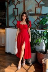 Scarlet Allure Puff Sleeve Slit Dress