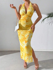 Sunlit Tropical Halter Maxi Dress