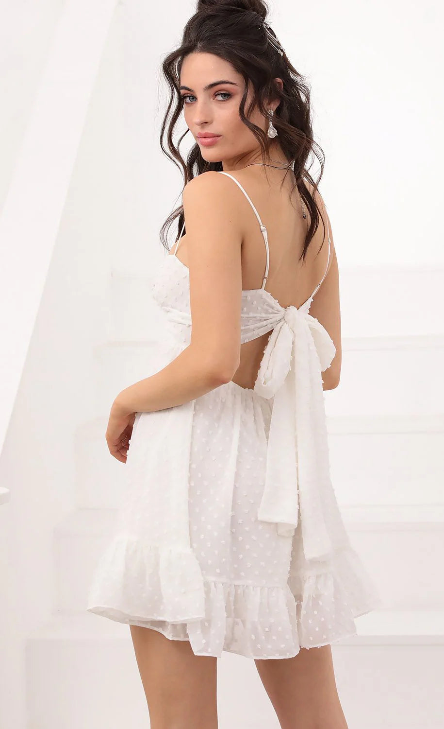 White Swiss Dot Mini Dress | Spaghetti Strap Ruffle Hem Short Dress | Summer Party, Brunch & Beach Wear