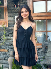 Women's Black Layered Ruffle Mini Dress | Spaghetti Strap Lace-Up Party Dress