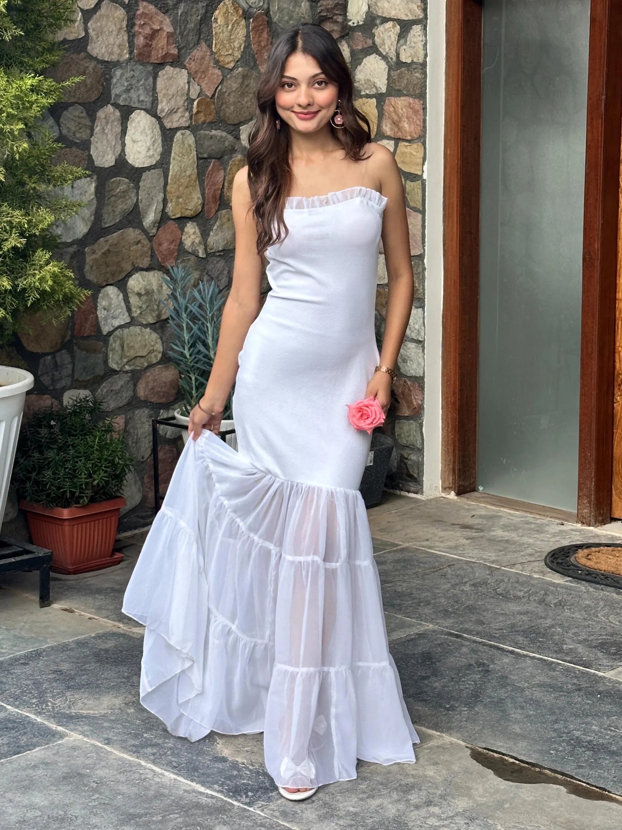 Pearl White Shoulder Strap Maxi Dress | Ruffle Trim Mermaid Party Gown