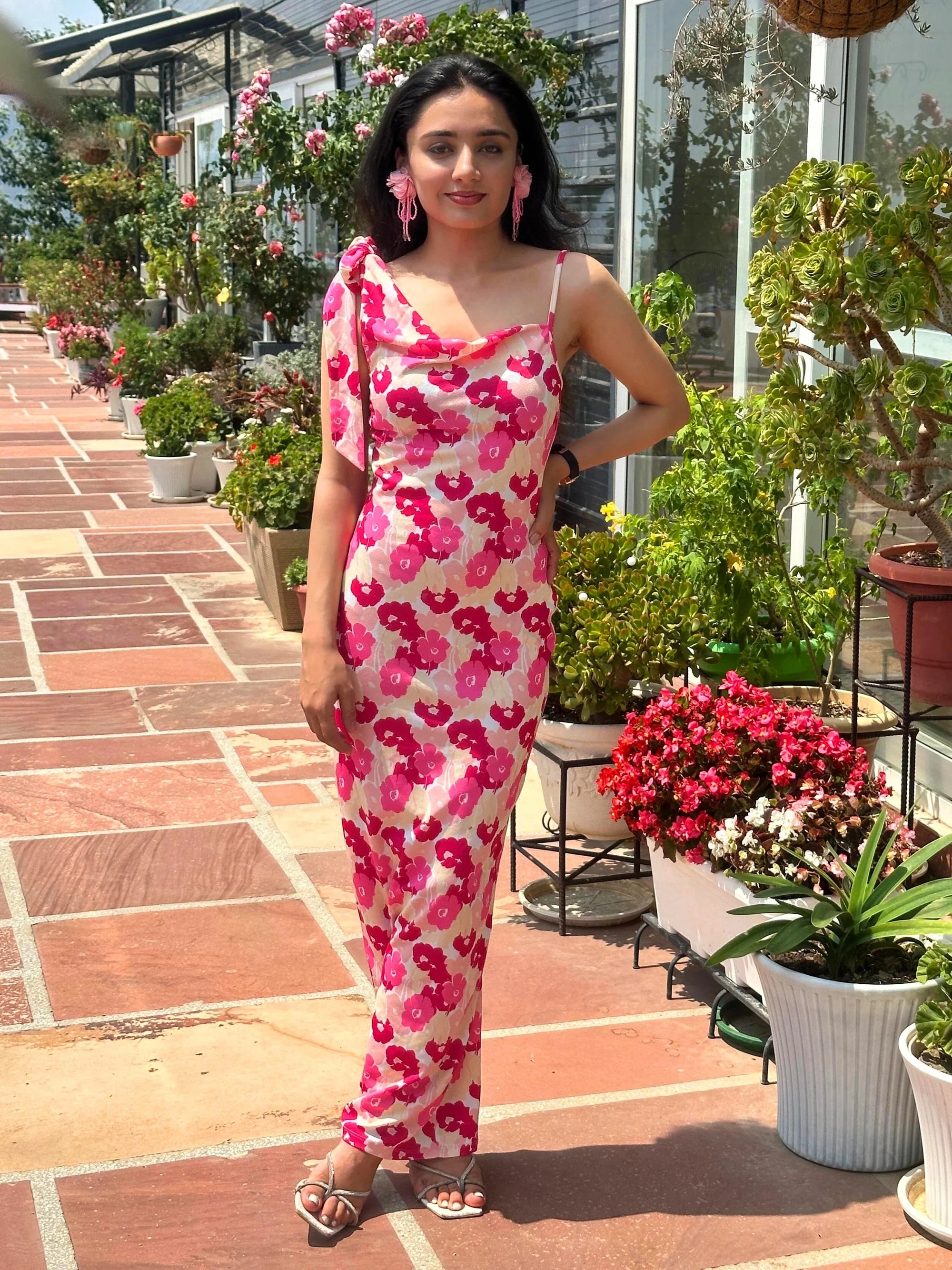 Women’s Pink Floral Printed Maxi Dress | One Shoulder Cowl Neck Long Dress | Summer Casual & Party Wear