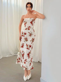 Floral Strapless Bodycon Midi Dress for Women | Elegant Summer Party Dress | White & Red Floral Print
