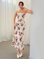 Floral Strapless Bodycon Midi Dress for Women | Elegant Summer Party Dress | White & Red Floral Print
