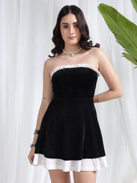 Black & White Strapless Velvet Mini Dress | Partywear Short Dress
