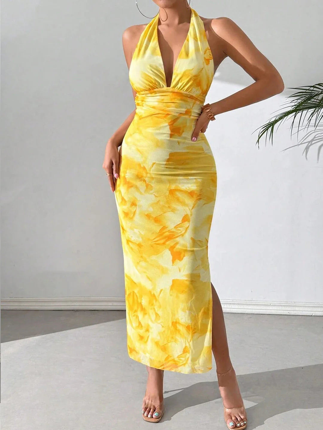 Sunlit Tropical Halter Maxi Dress