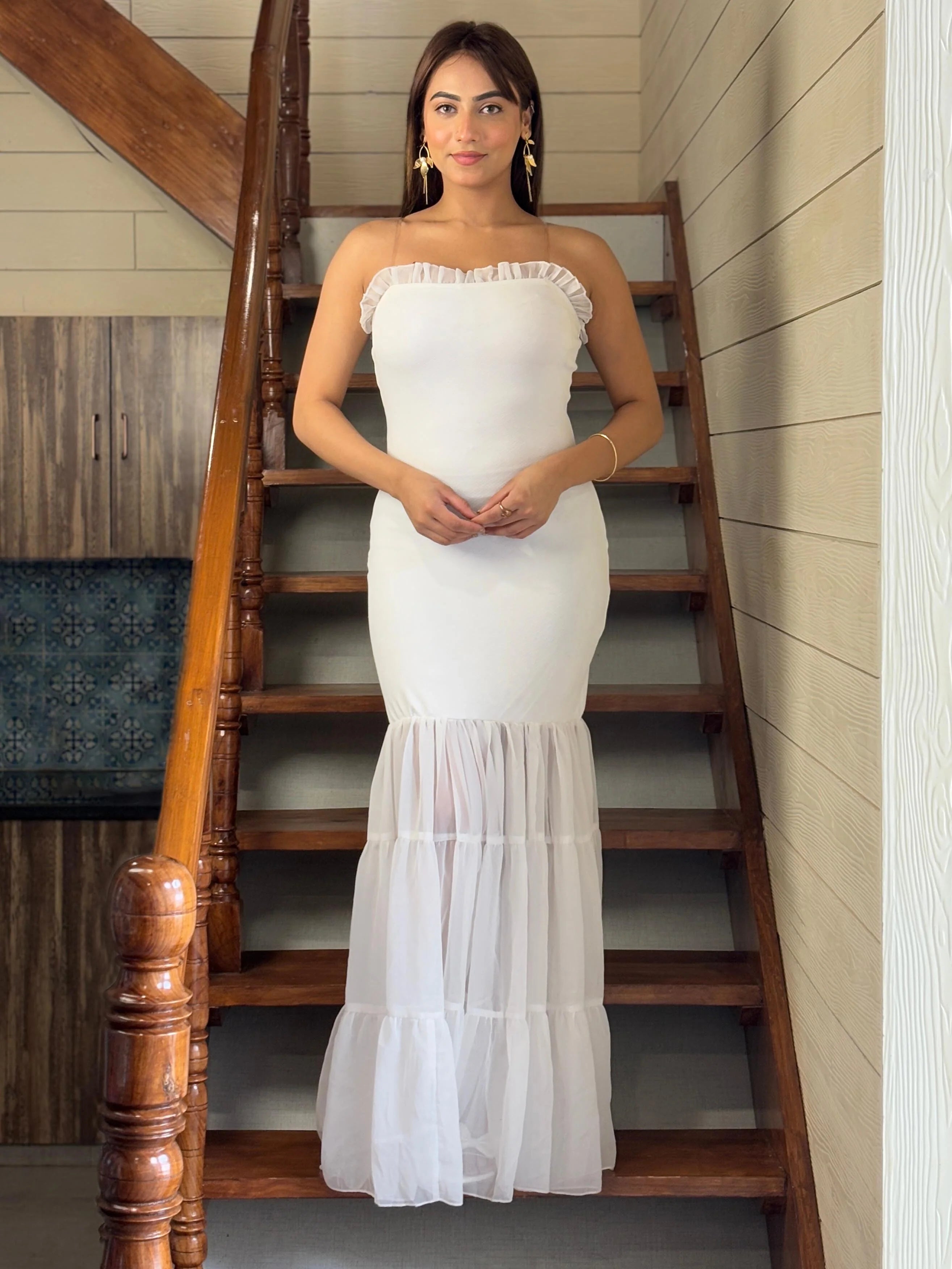 Pearl White Shoulder Strap Maxi Dress | Ruffle Trim Mermaid Party Gown