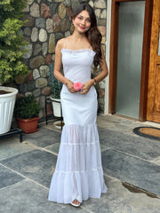 Pearl White Shoulder Strap Maxi Dress | Ruffle Trim Mermaid Party Gown