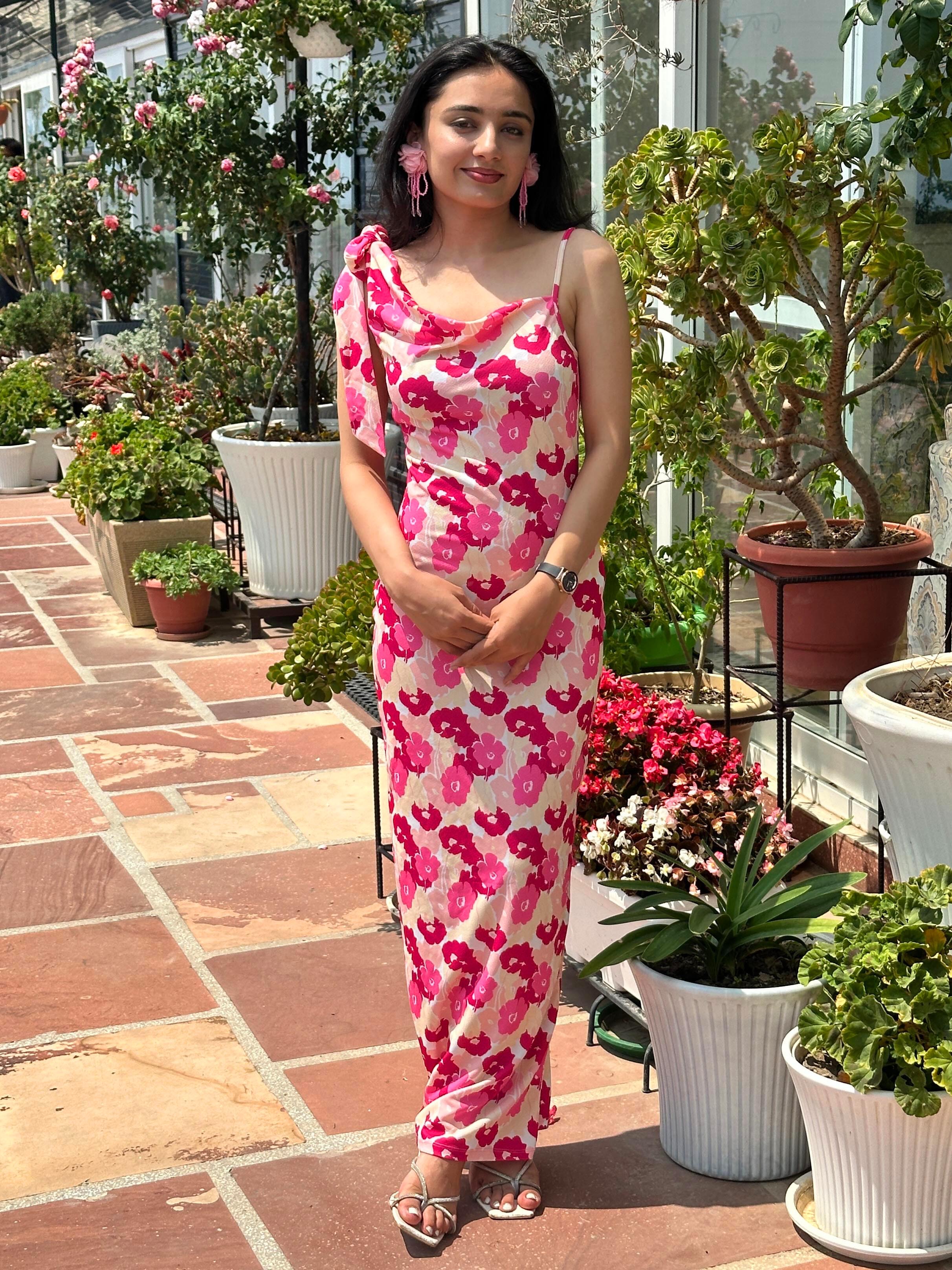 Women’s Pink Floral Printed Maxi Dress | One Shoulder Cowl Neck Long Dress | Summer Casual & Party Wear