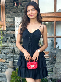 Women's Black Layered Ruffle Mini Dress | Spaghetti Strap Lace-Up Party Dress