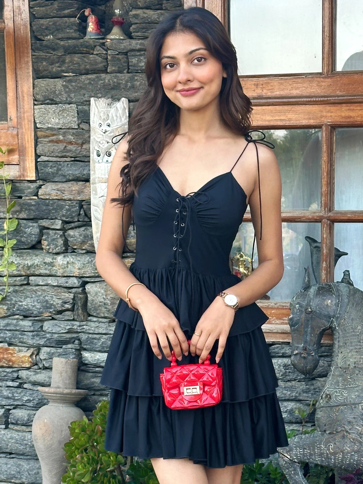 Women's Black Layered Ruffle Mini Dress | Spaghetti Strap Lace-Up Party Dress