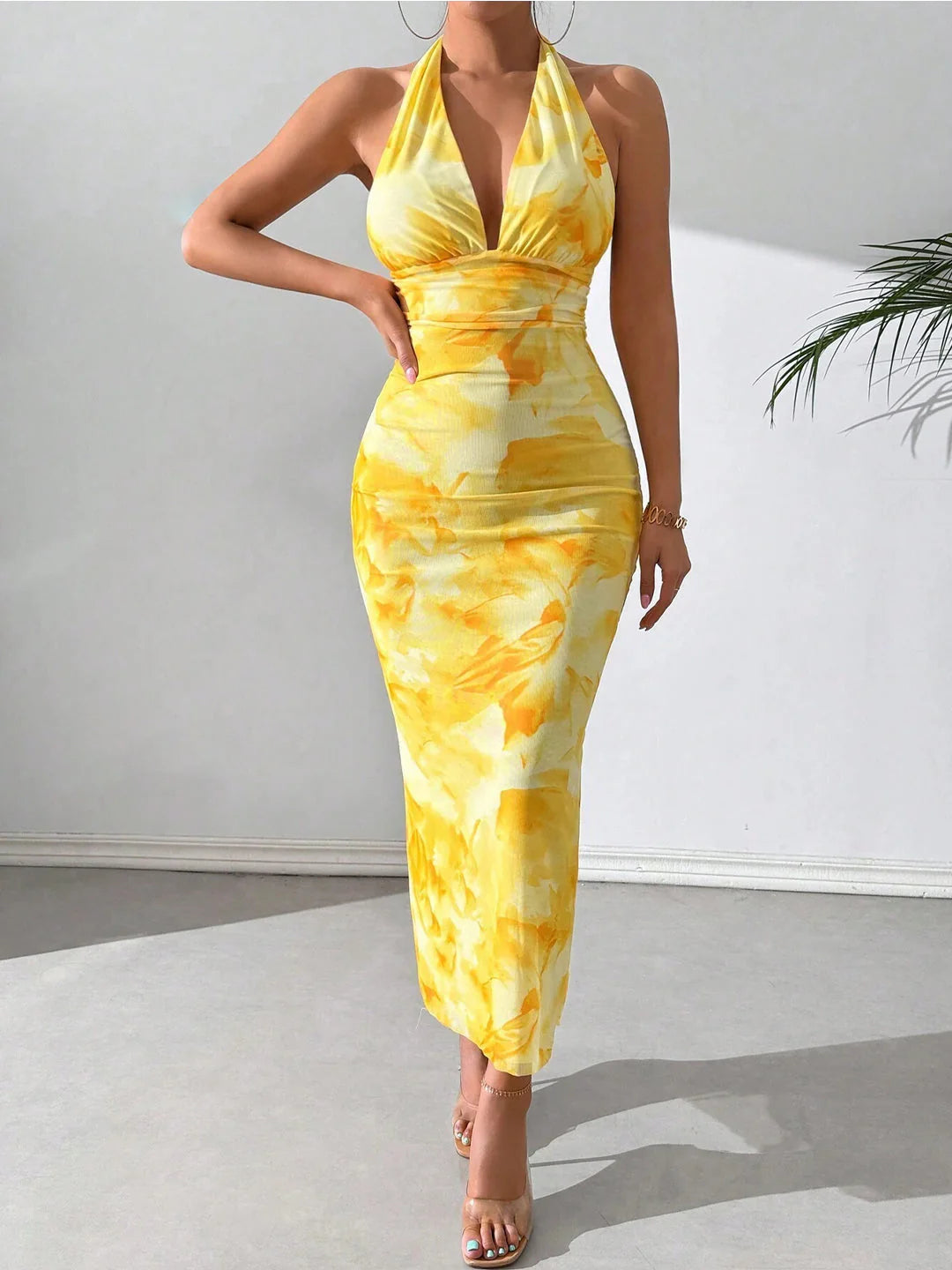 Sunlit Tropical Halter Maxi Dress
