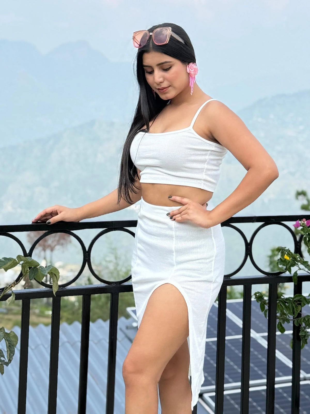 White Ribbed Co-Ord Set | Crop Top & High Slit Skirt Set | Stylish Summer Two-Piece Outfit