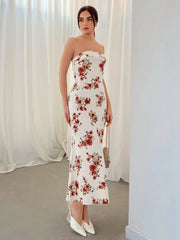 Floral Strapless Bodycon Midi Dress for Women | Elegant Summer Party Dress | White & Red Floral Print