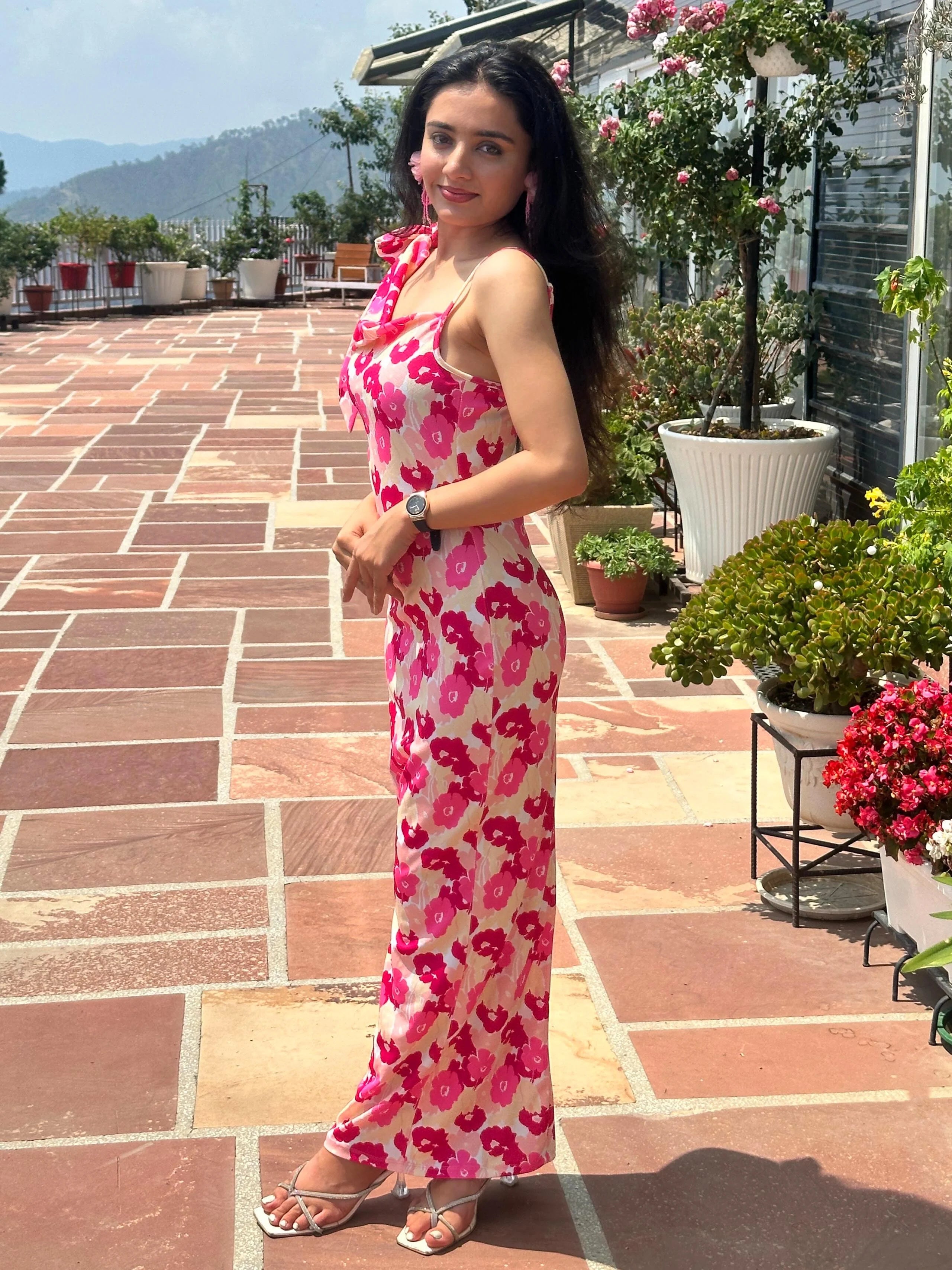 Women’s Pink Floral Printed Maxi Dress | One Shoulder Cowl Neck Long Dress | Summer Casual & Party Wear