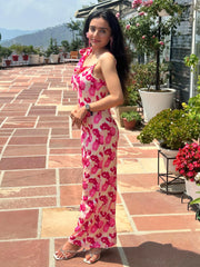 Women’s Pink Floral Printed Maxi Dress | One Shoulder Cowl Neck Long Dress | Summer Casual & Party Wear