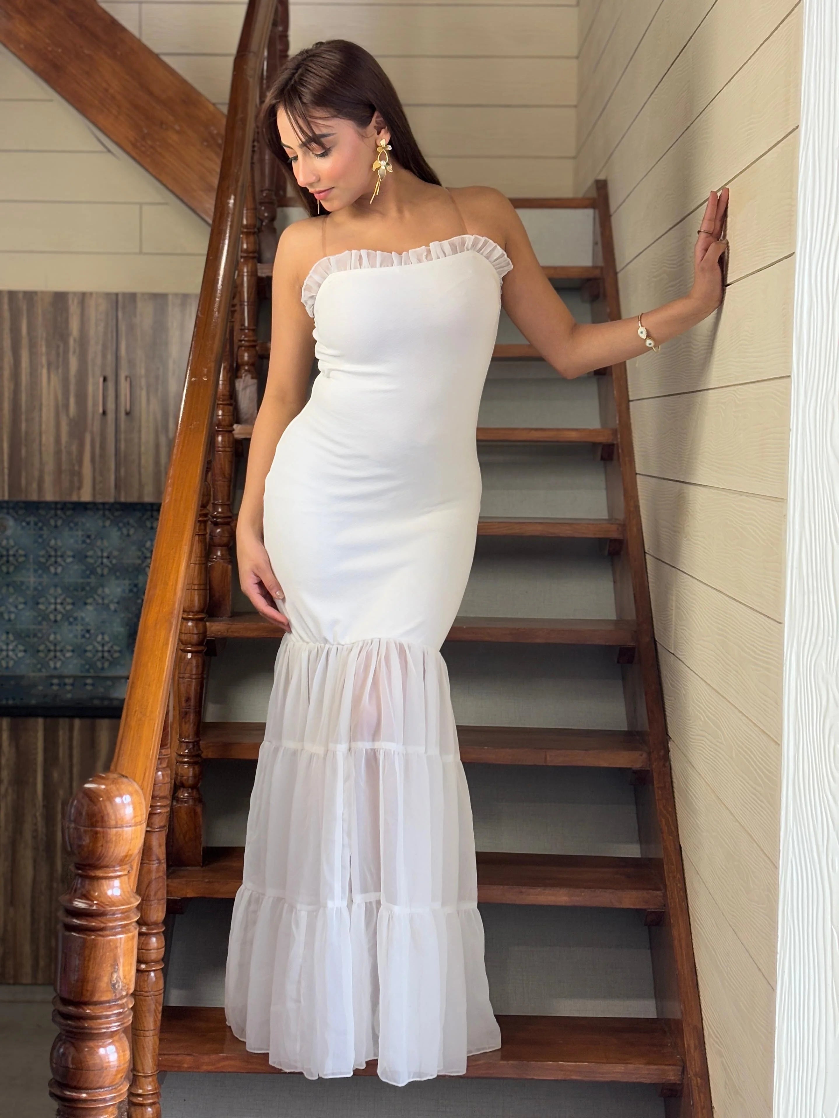 Pearl White Shoulder Strap Maxi Dress | Ruffle Trim Mermaid Party Gown