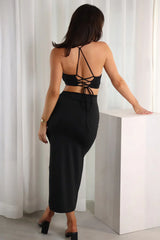 Black Ribbed Co-Ord Set | Crop Top & High Slit Skirt Set | Stylish Summer Two-Piece Outfit