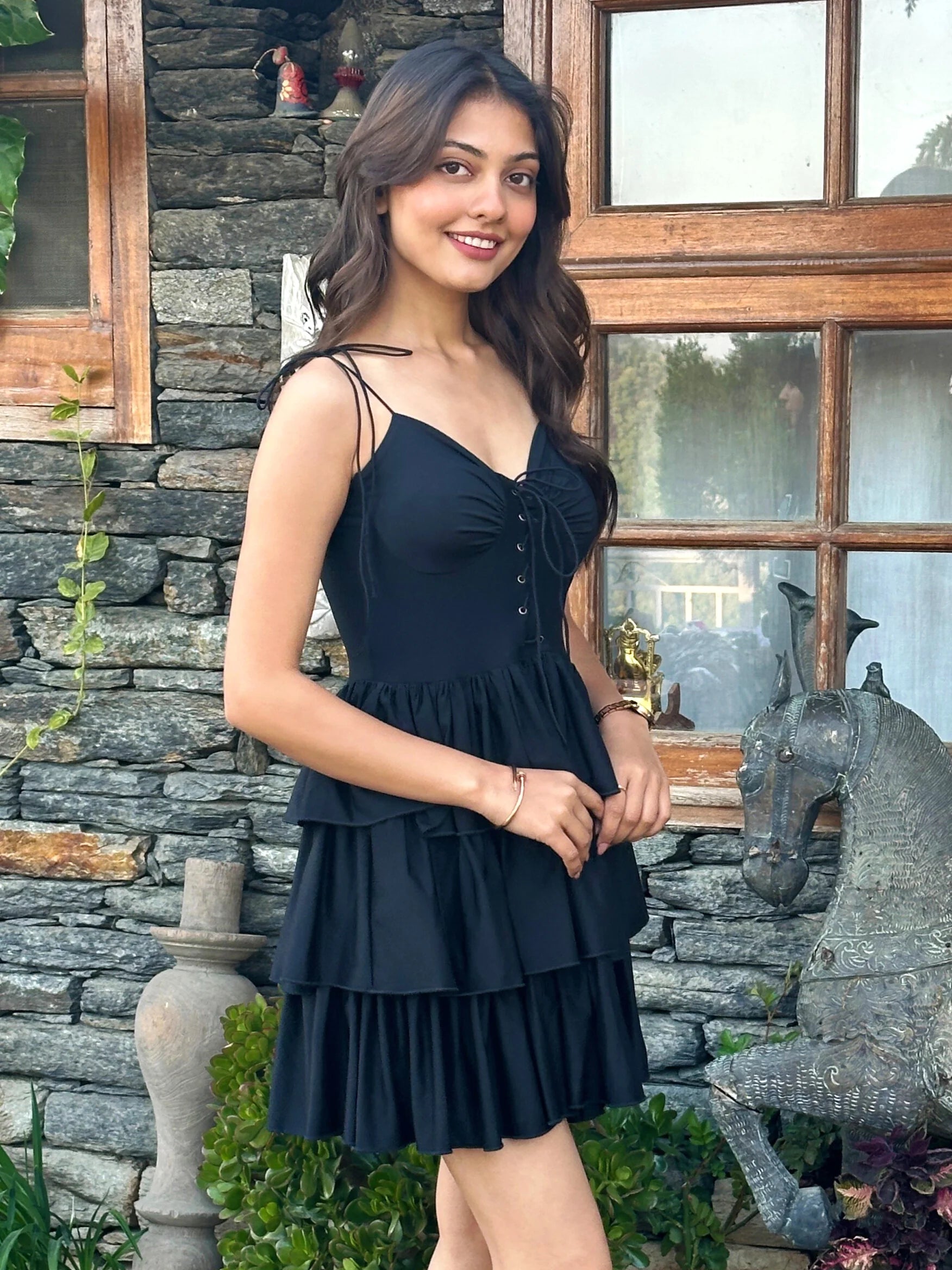 Women's Black Layered Ruffle Mini Dress | Spaghetti Strap Lace-Up Party Dress