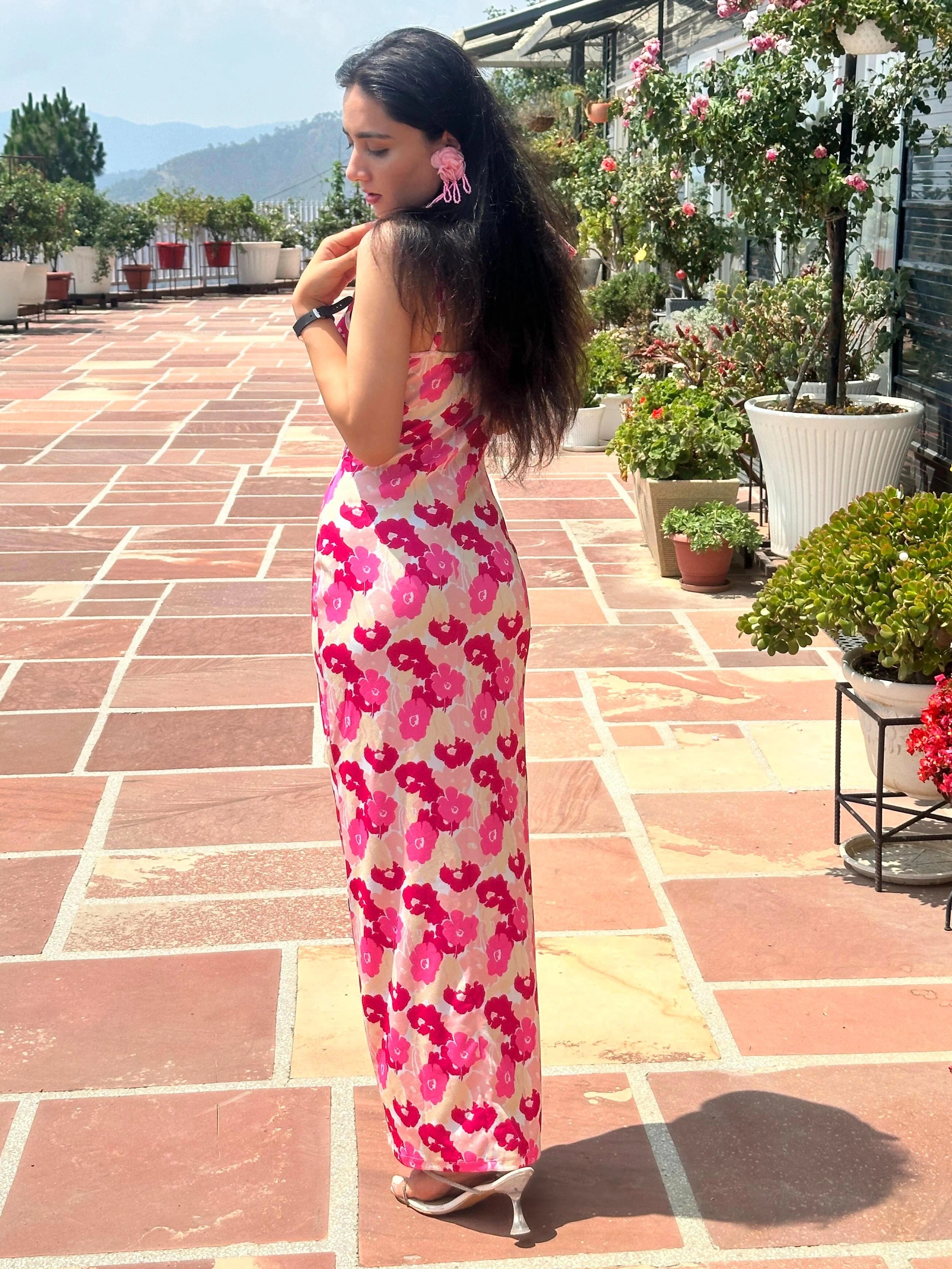 Women’s Pink Floral Printed Maxi Dress | One Shoulder Cowl Neck Long Dress | Summer Casual & Party Wear