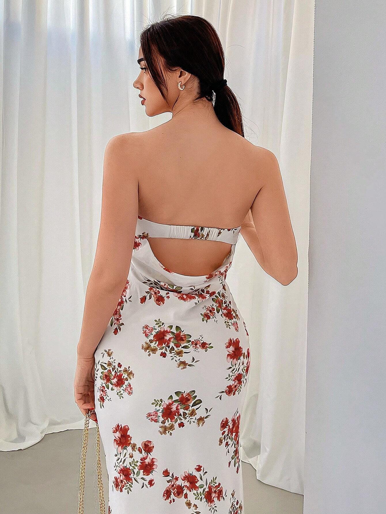Floral Strapless Bodycon Midi Dress for Women | Elegant Summer Party Dress | White & Red Floral Print