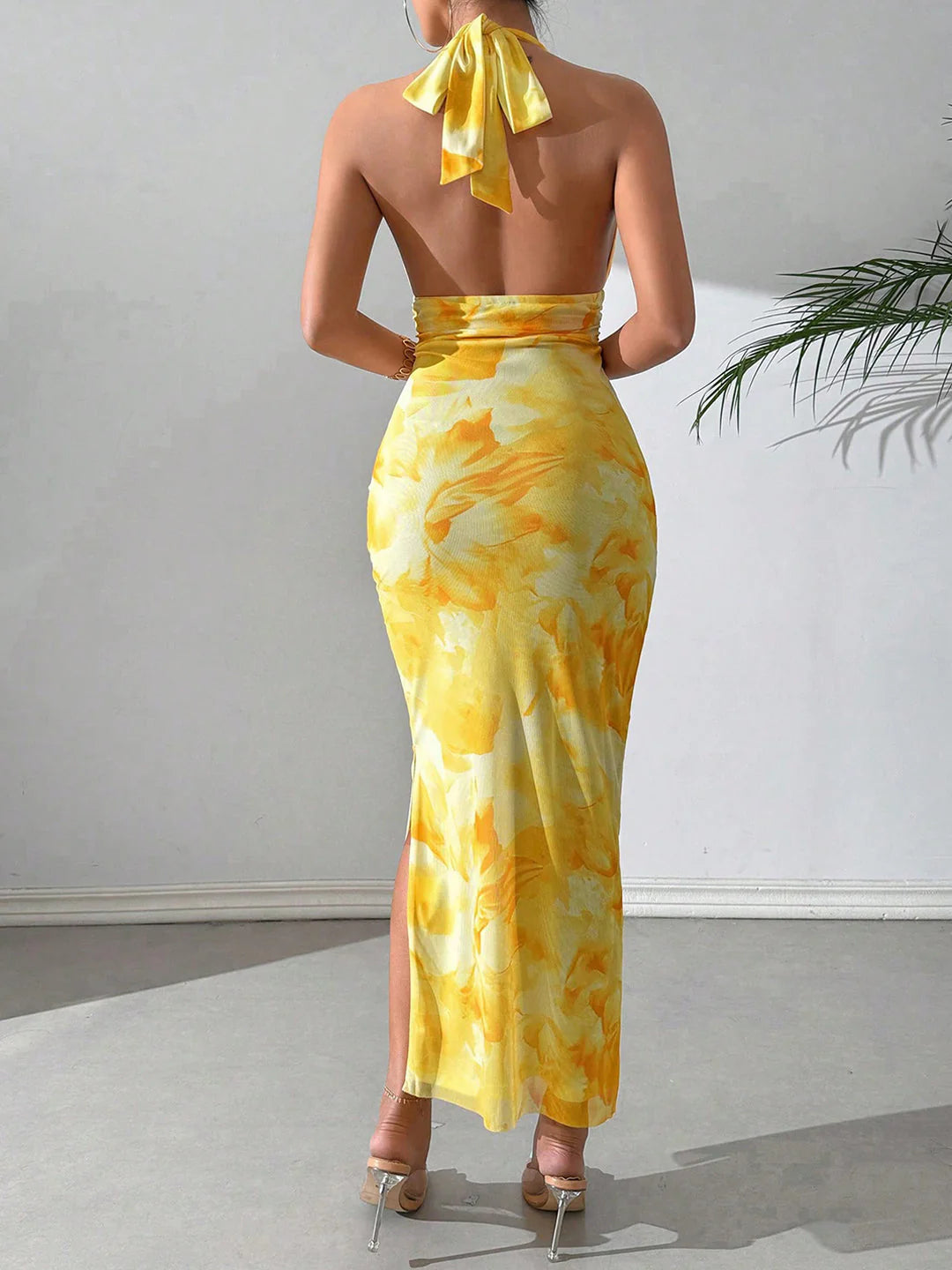 Sunlit Tropical Halter Maxi Dress