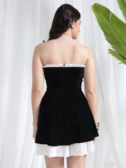 Black & White Strapless Velvet Mini Dress | Partywear Short Dress