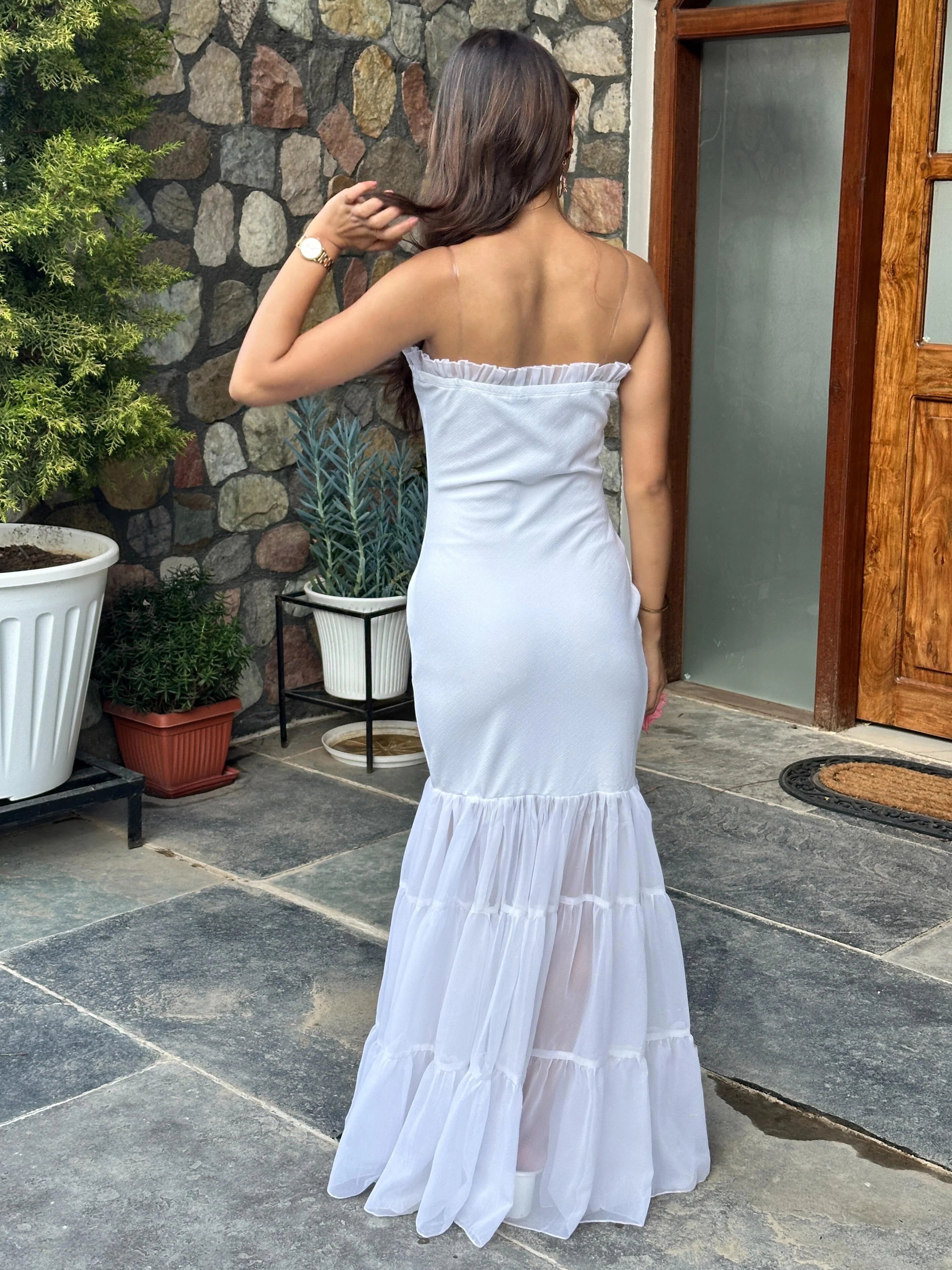 Pearl White Shoulder Strap Maxi Dress | Ruffle Trim Mermaid Party Gown