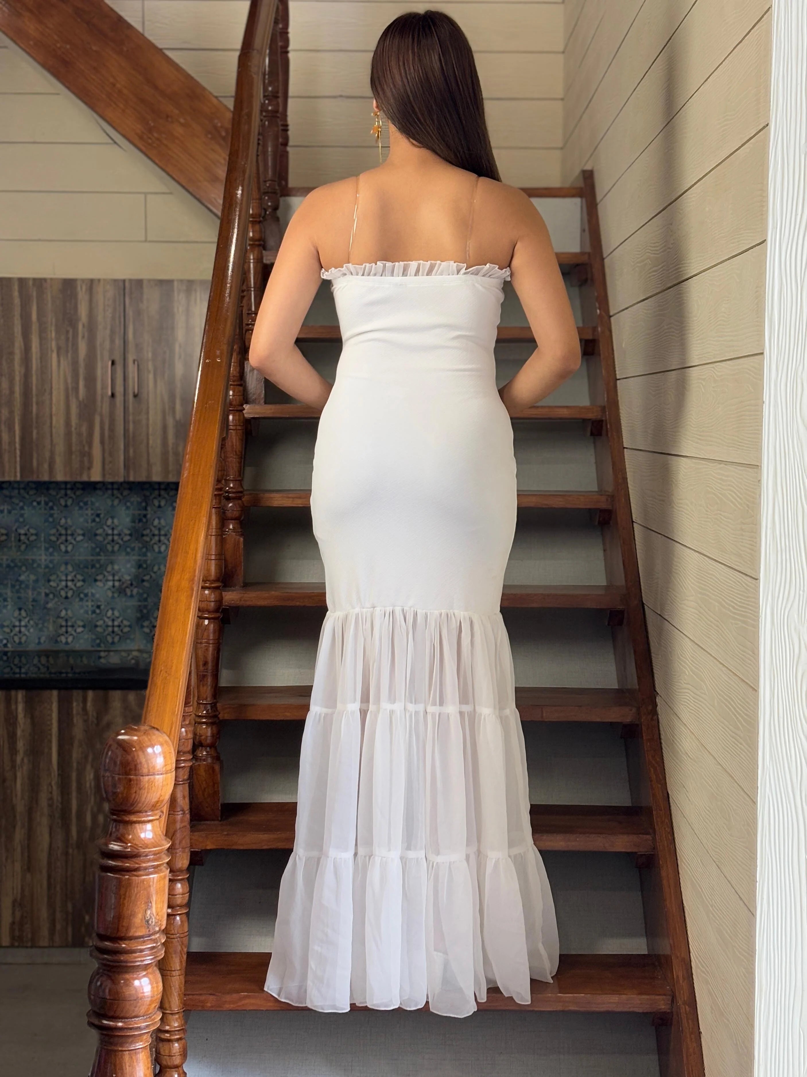 Pearl White Shoulder Strap Maxi Dress | Ruffle Trim Mermaid Party Gown