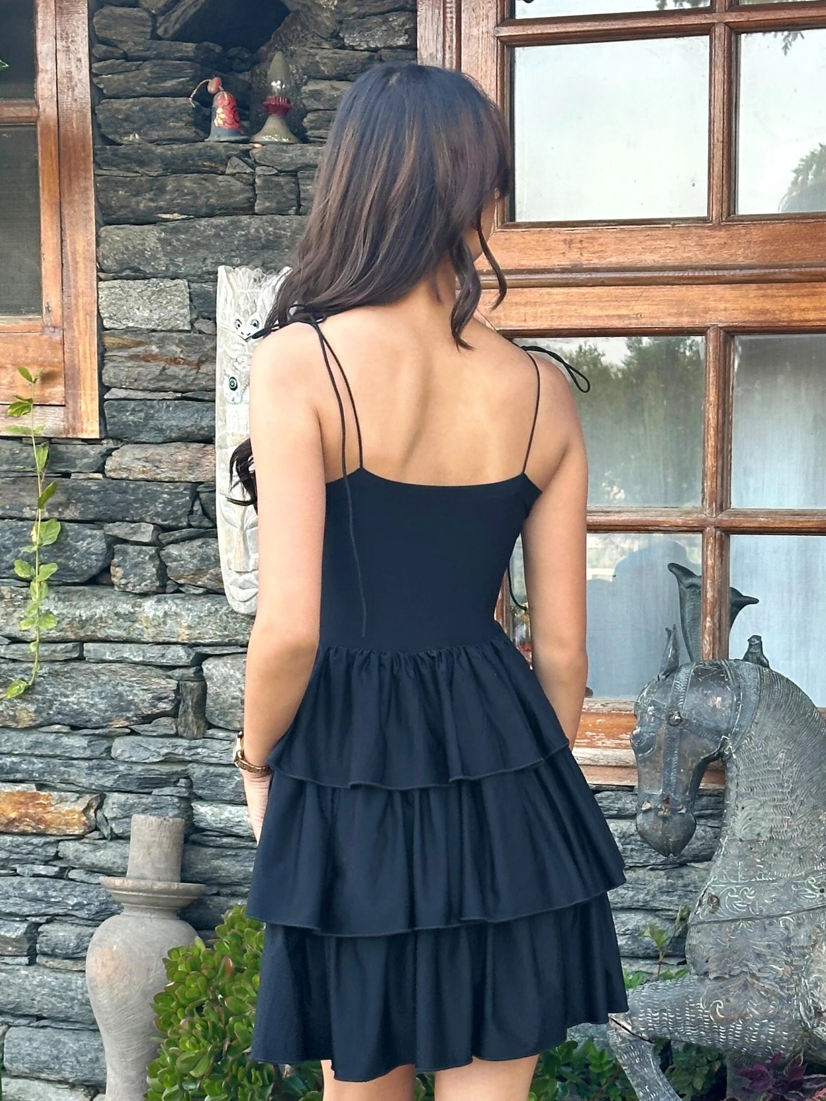 Women's Black Layered Ruffle Mini Dress | Spaghetti Strap Lace-Up Party Dress