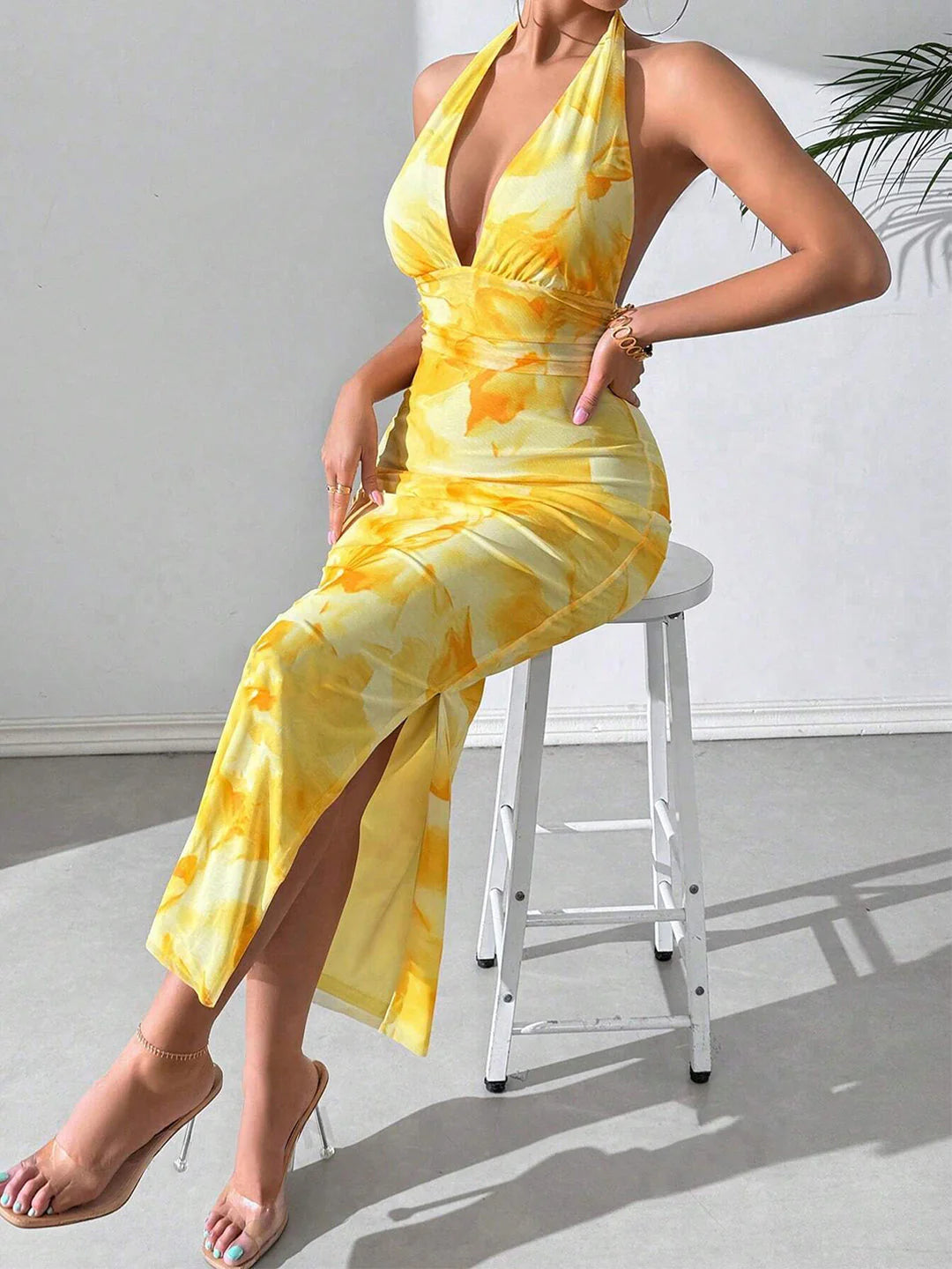 Sunlit Tropical Halter Maxi Dress