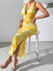 Sunlit Tropical Halter Maxi Dress