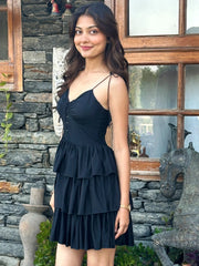 Women's Black Layered Ruffle Mini Dress | Spaghetti Strap Lace-Up Party Dress