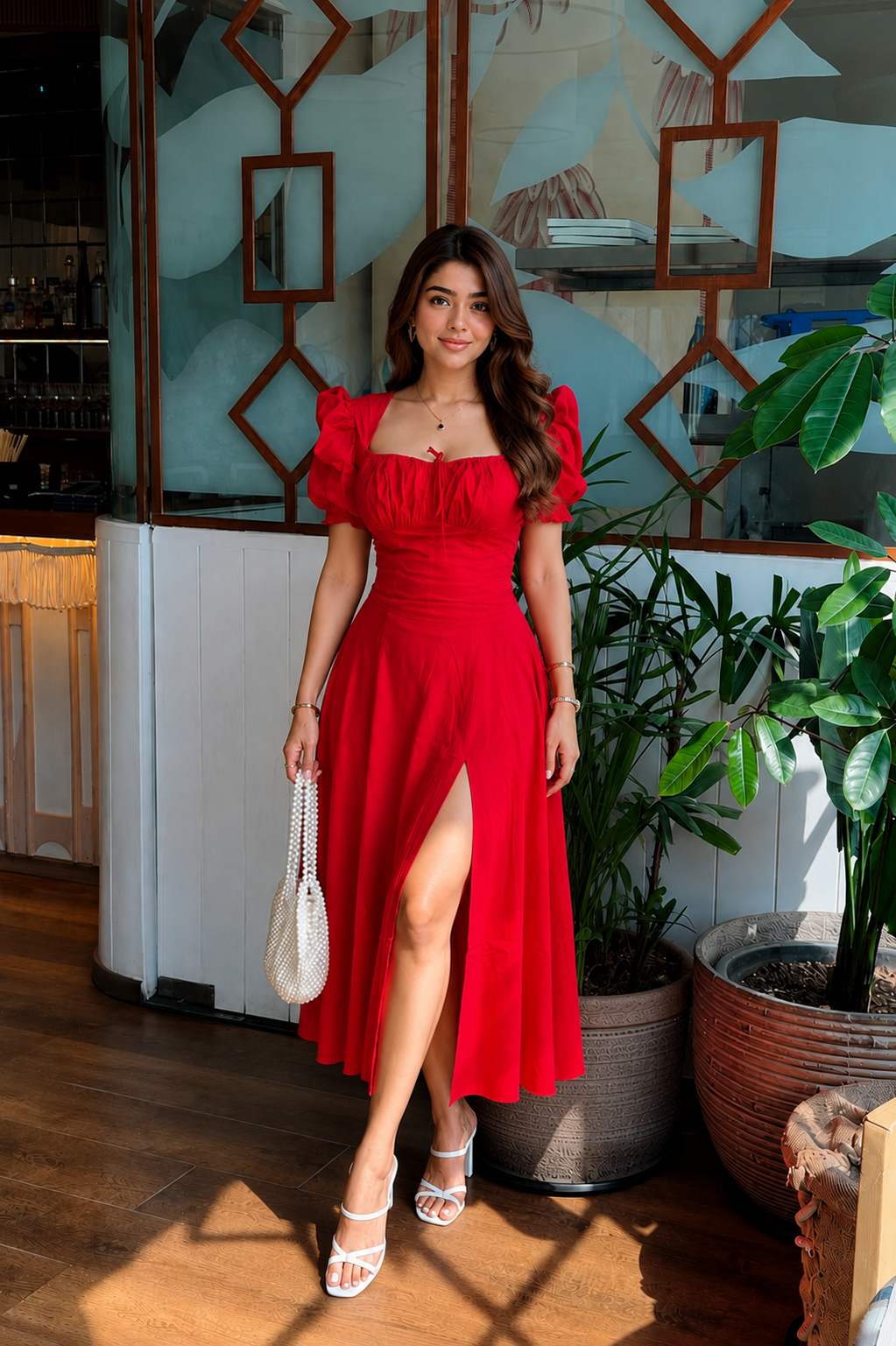 Scarlet Allure Puff Sleeve Slit Dress