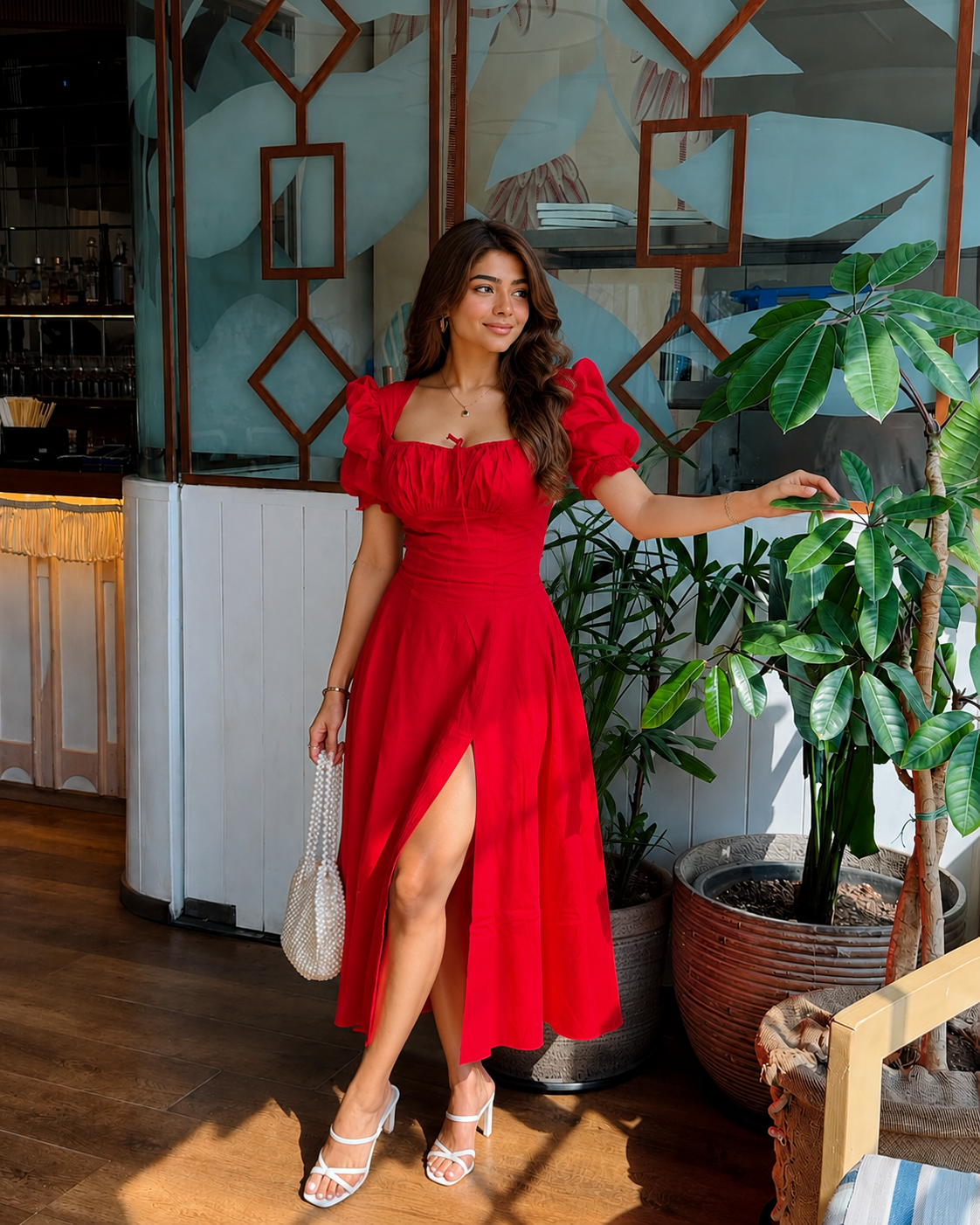 Scarlet Allure Puff Sleeve Slit Dress