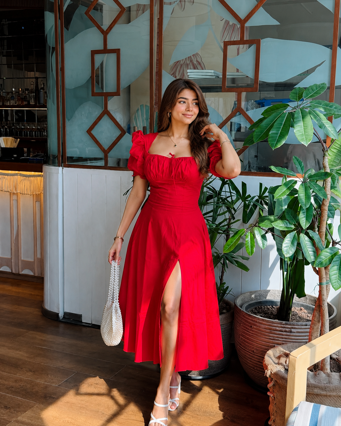 Scarlet Allure Puff Sleeve Slit Dress