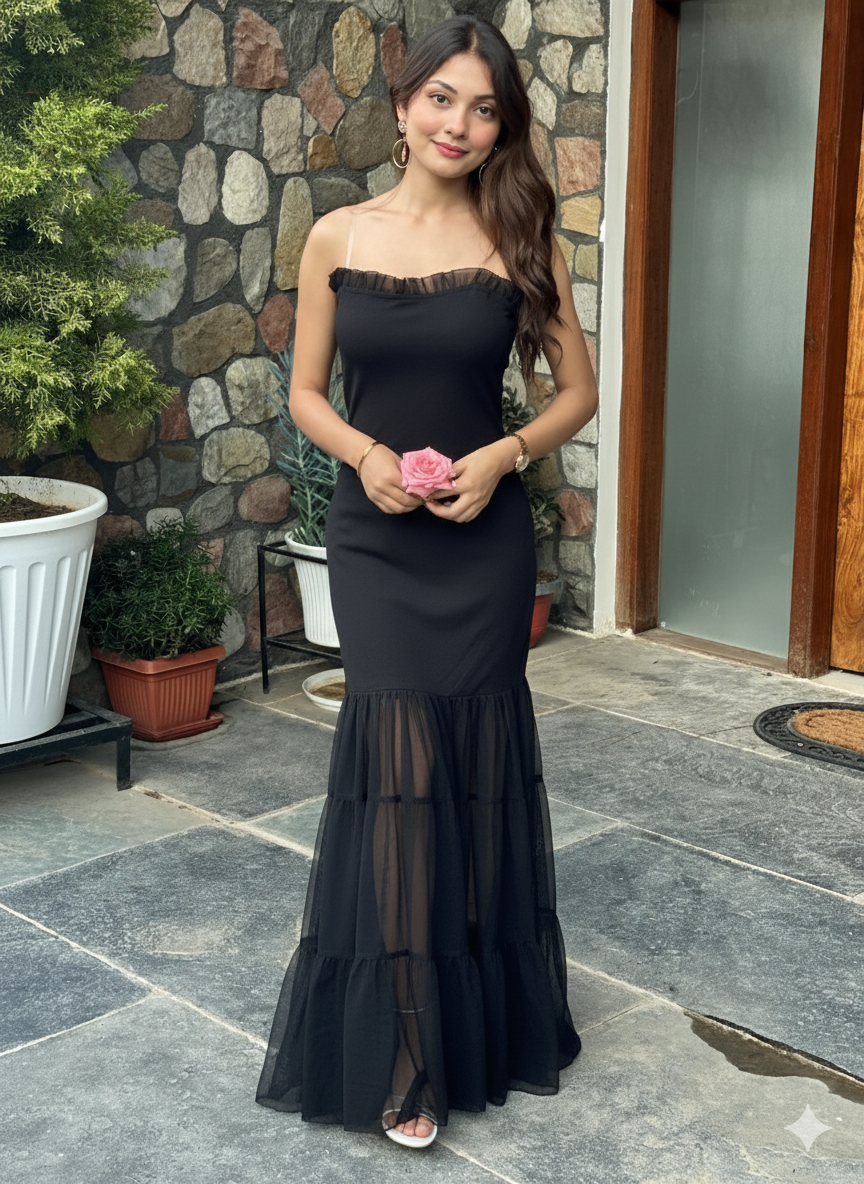 Beautiful Black Bodycon Maxi Dress for Women | Shoulder strap Sheer Panel Evening Gown | Party & Cocktail Wear