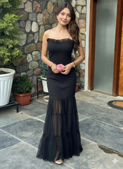 Beautiful Black Bodycon Maxi Dress for Women | Shoulder strap Sheer Panel Evening Gown | Party & Cocktail Wear