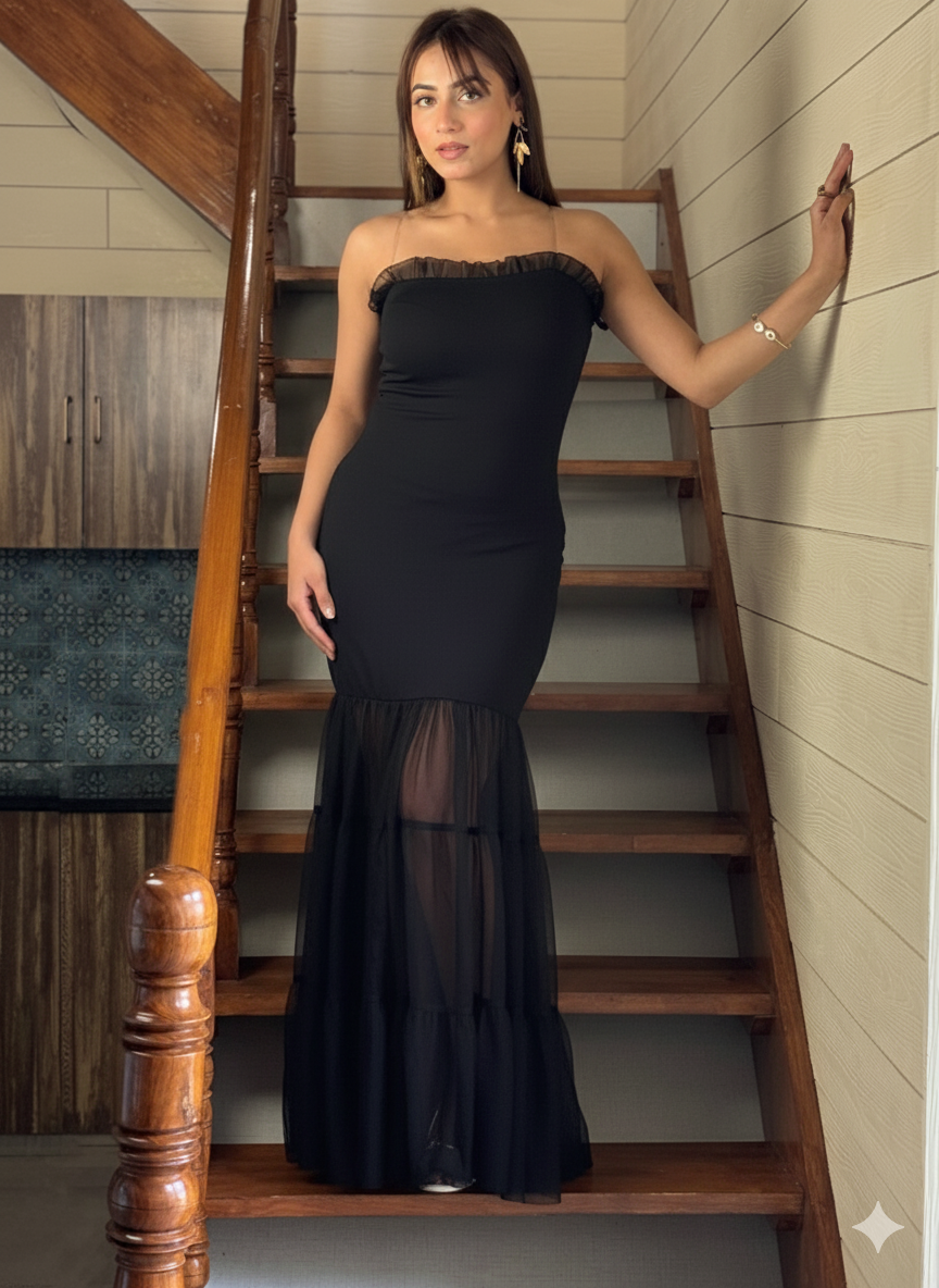 Beautiful Black Bodycon Maxi Dress for Women | Shoulder strap Sheer Panel Evening Gown | Party & Cocktail Wear
