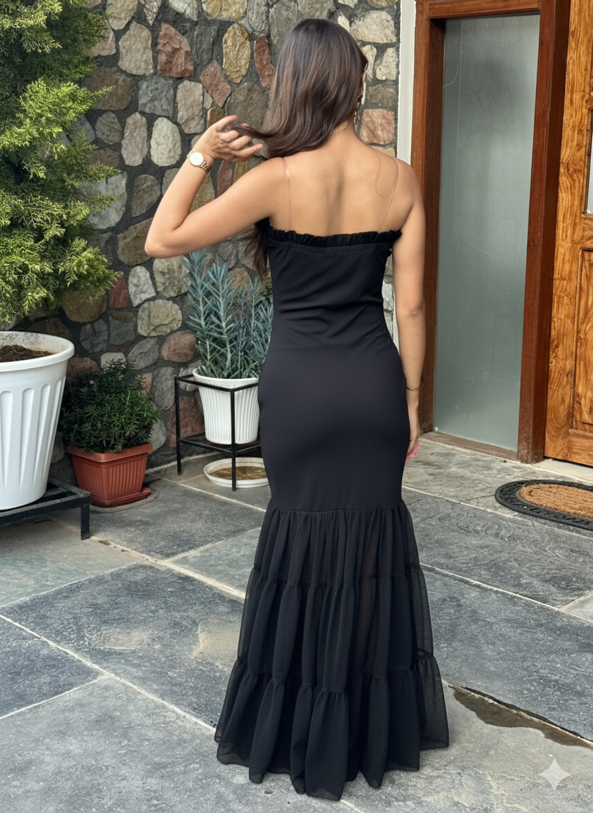 Beautiful Black Bodycon Maxi Dress for Women | Shoulder strap Sheer Panel Evening Gown | Party & Cocktail Wear