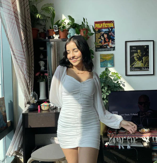 Elegant White Ruched Bodycon Mini Dress