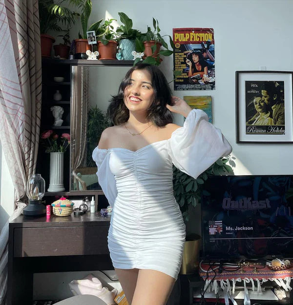 Elegant White Ruched Bodycon Mini Dress