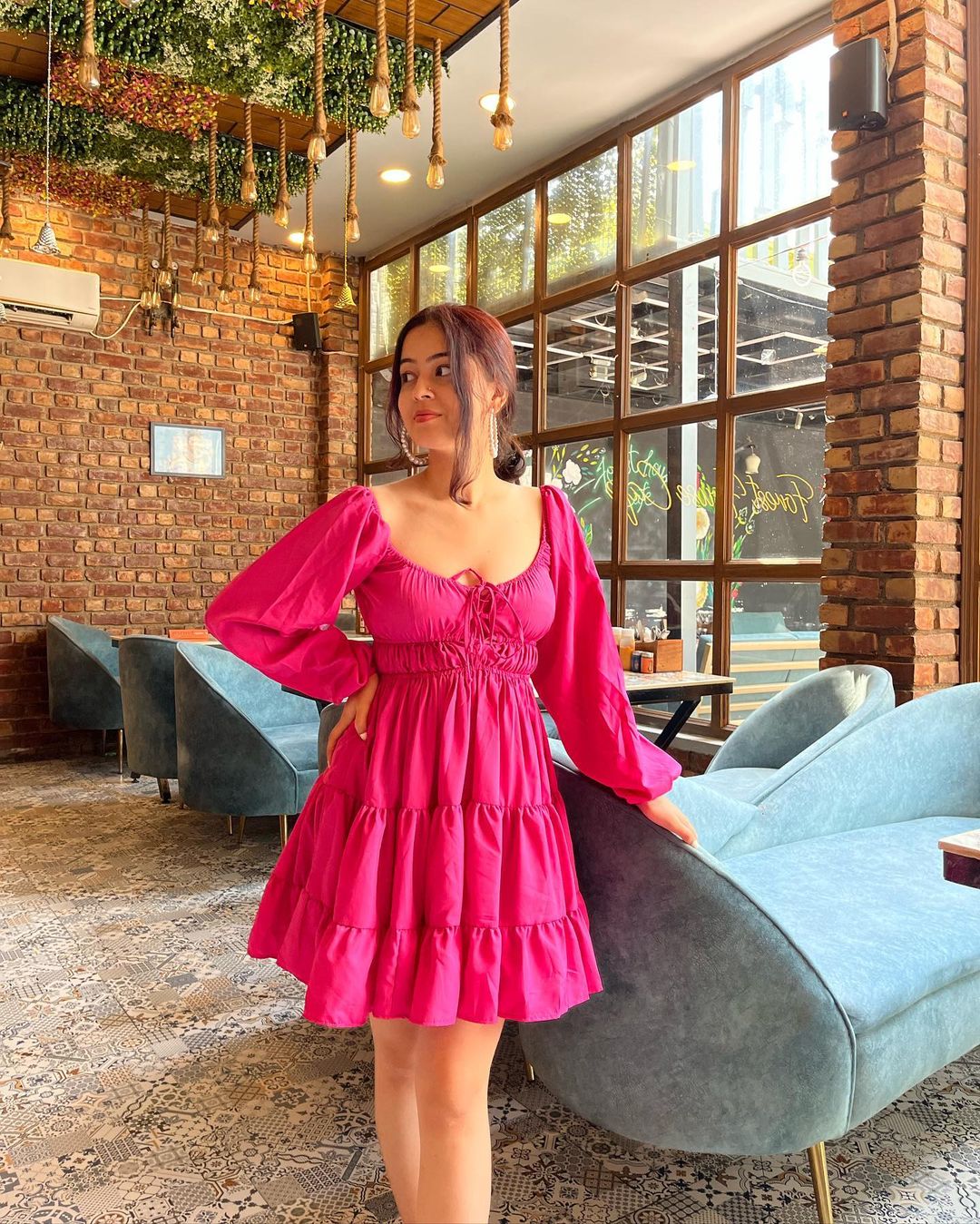 Hot Pink Tiered Mini Dress for Women | Puff Sleeve Short Dress | Trendy Party & Brunch Outfit