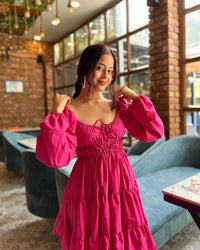 Hot Pink Tiered Mini Dress for Women | Puff Sleeve Short Dress | Trendy Party & Brunch Outfit