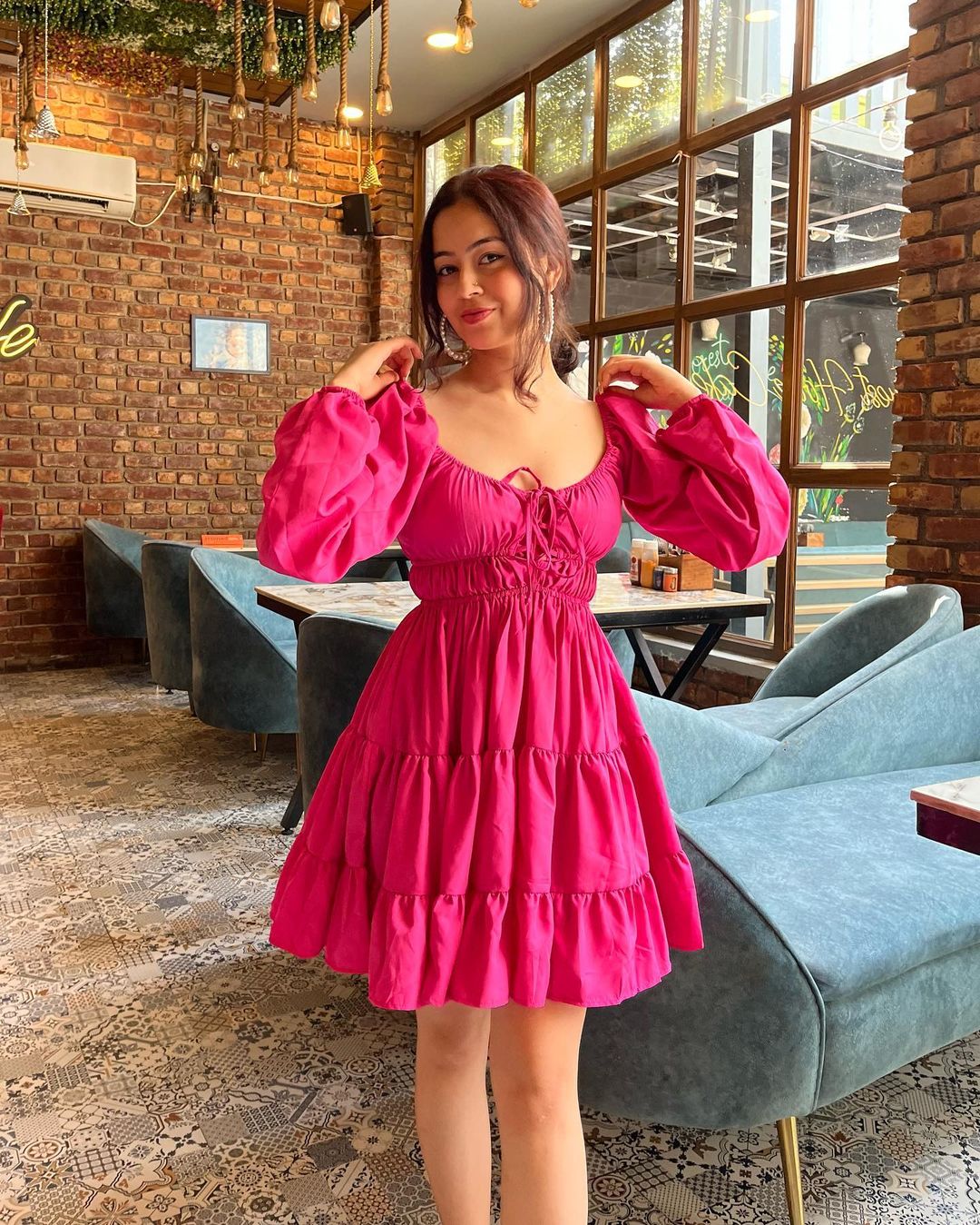 Hot Pink Tiered Mini Dress for Women | Puff Sleeve Short Dress | Trendy Party & Brunch Outfit