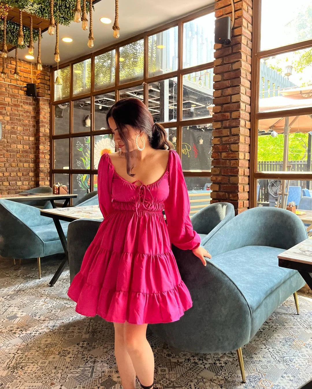 Hot Pink Tiered Mini Dress for Women | Puff Sleeve Short Dress | Trendy Party & Brunch Outfit