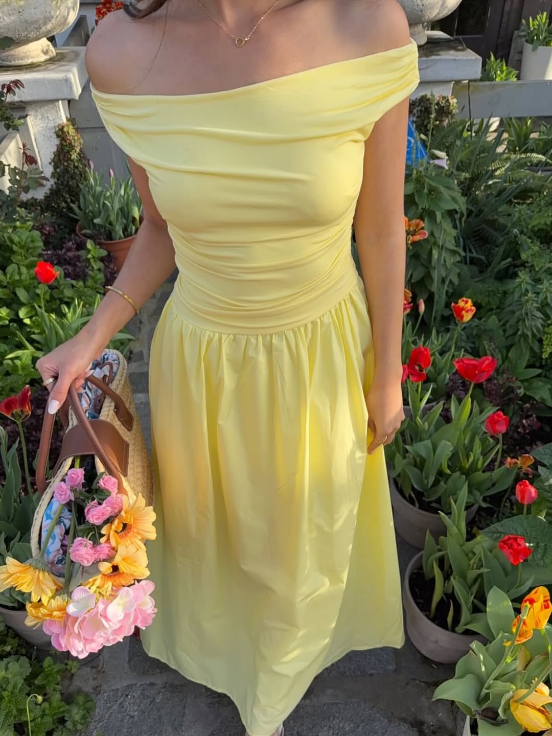 Beautiful Yellow Off-Shoulder Neckline Maxi Dress
