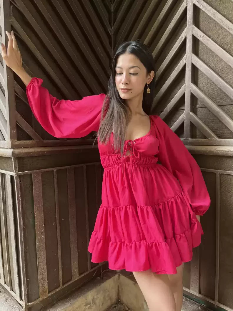 Hot Pink Tiered Mini Dress for Women | Puff Sleeve Short Dress | Trendy Party & Brunch Outfit